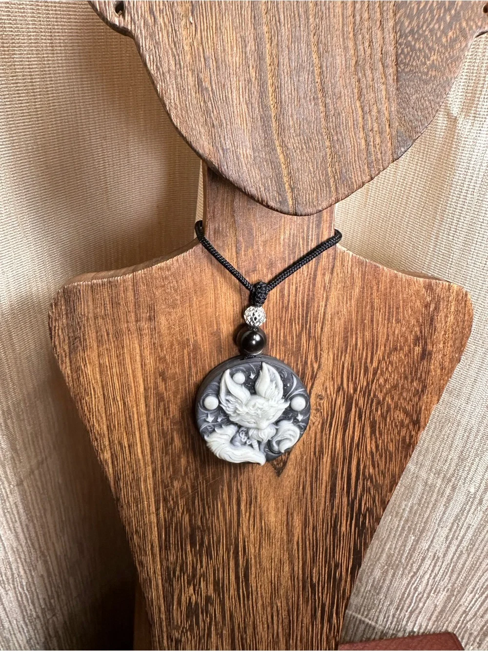 Tai Chi Stone Fox Pendant Necklace on Black Rope